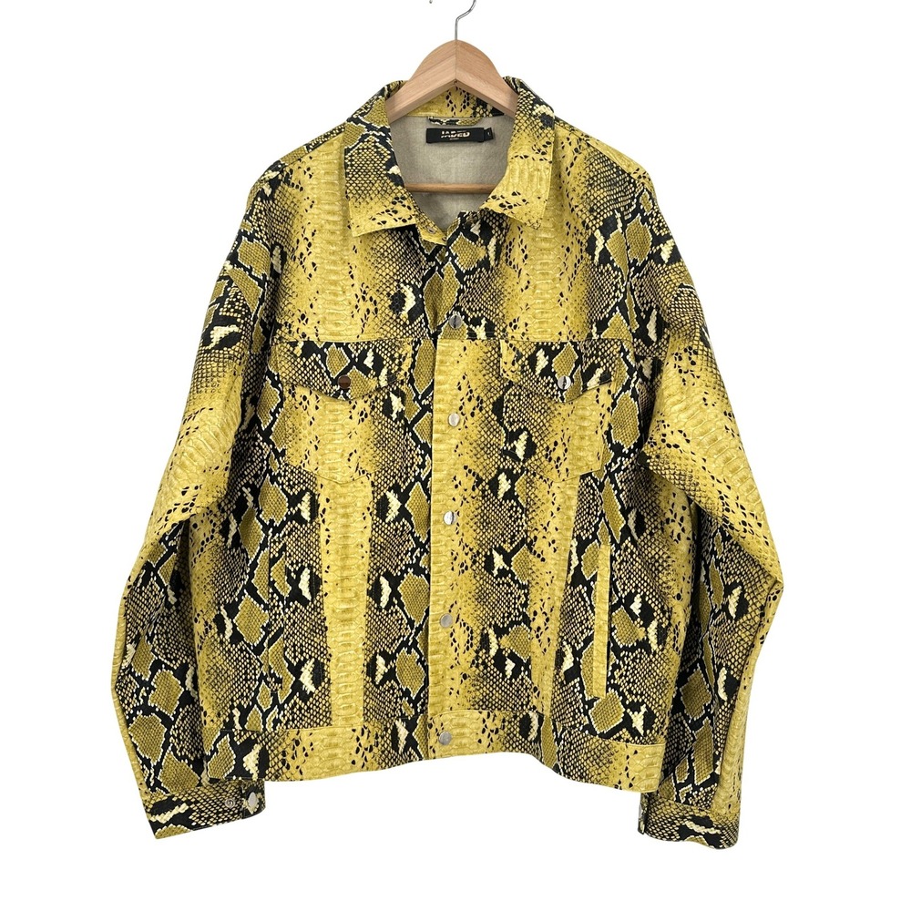Jaded London Mens Yellow Snakeskin Faux Leather Trucker Jacket Size L Large